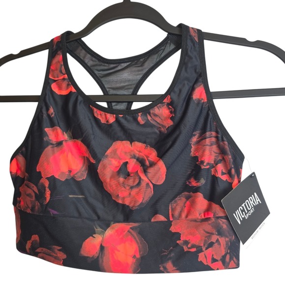 Victoria Secret Sports Bra Legging Set Black Roses Racer Back Athletic Mediu NWT - Picture 2 of 13